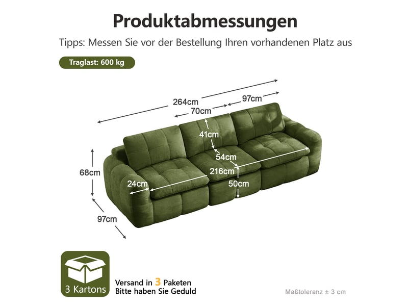  Canapé modulaire 3 places sans cadre avec assise ergonomique et matelassage quadrillé en chenille vert  - Conforama C