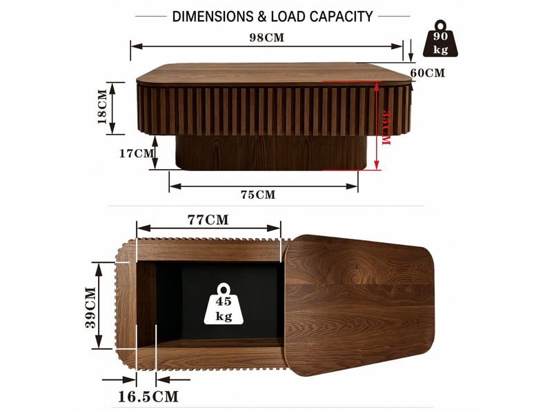  Table basse à plateau amovible avec rangement caché en bois et mdf noyer  - Conforama E