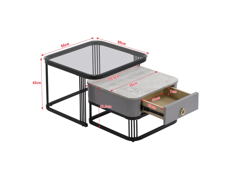  Table basse 60x60x42+50x50x33.5cm, plateau en verre et motif marbre, table de salon, table gigogne avec tiroir, en mdf, noir et gris  - Conforama C
