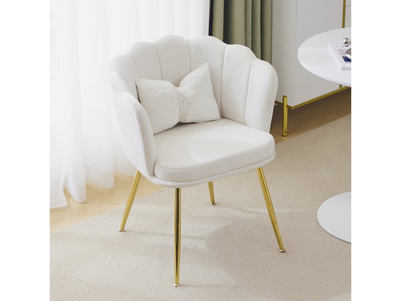 Fauteuil rembourré à dossier pétale avec coussin de soutien et pieds métalliques dorés en velours beige - Conforama B