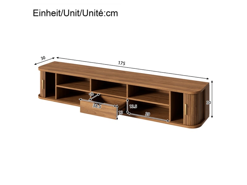  Meuble tv mural 175 cm avec portes coulissantes et led, finition noyer  - Conforama E