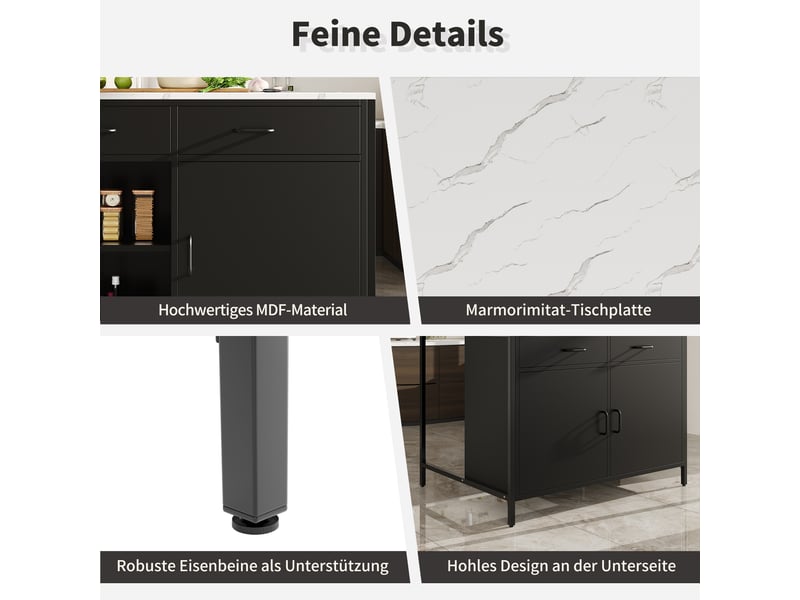  Table de bar noire en mdf, plateau imitation marbre, 100 x 90 x 90 cm, 2 tiroirs, 1 porte, design moderne 100 - Conforama W