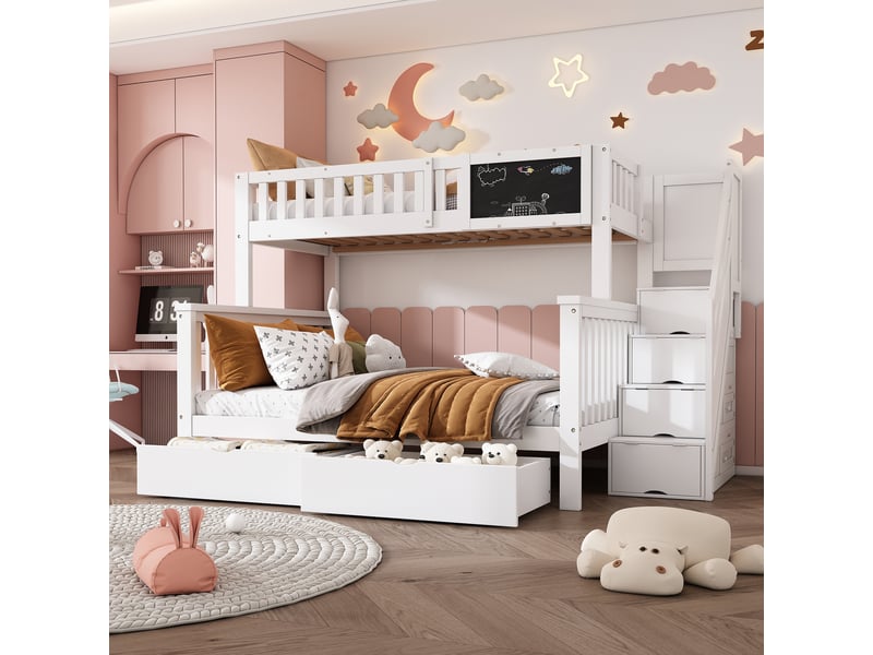  Lit superposé 90x200 cm + 140x200 cm, lit enfant multifonctionnel avec tableau noir et tiroirs, lit double, sans matelas, blanc  - Conforama D