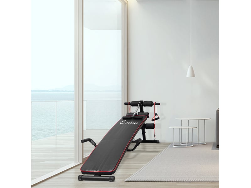 Banc de musculation réglable 137,5x55,5x50-68 cm noir en acier, bandes de résistance pour exercices - Conforama B
