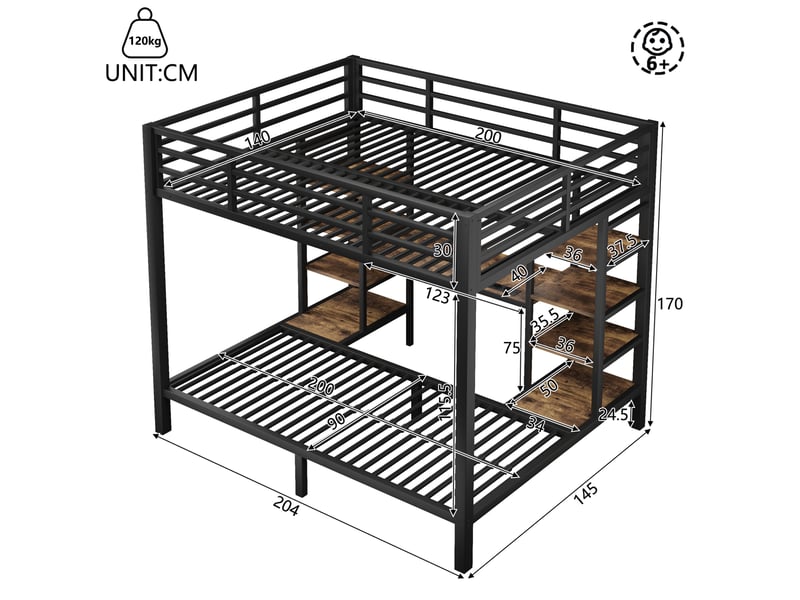  Lit superposé 90x200 cm et 140x200 cm avec led et rangements noir  - Conforama C