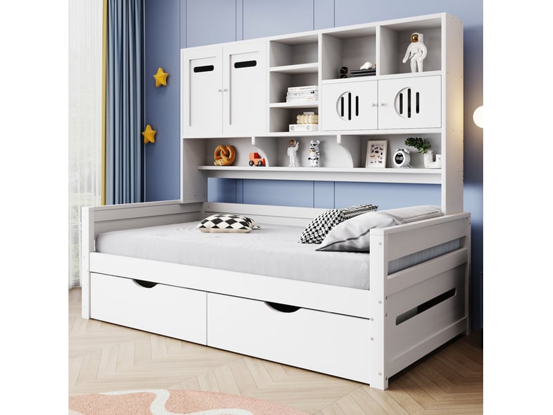  Lit multifonction, 90x200 cm, doté de solutions de rangement, grands tiroirs, matelas non inclus, bois, coloris blanc  - Conforama E