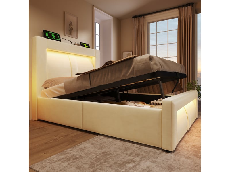 Lit coffre 90x200 cm rangement led ports usb et type c en velours beige - Conforama D