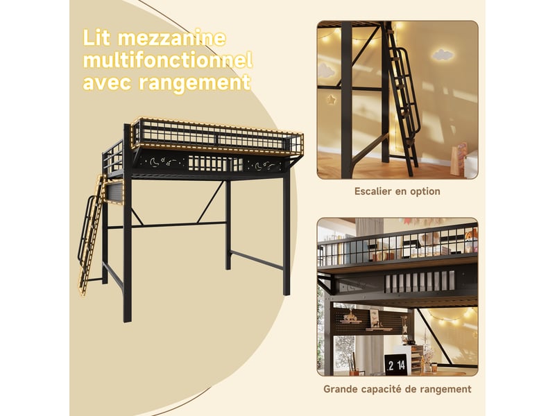  Lit mezzanine double 140×200 cm, rangements et escalier réversible  - sans matelas, métal - noir  - Conforama E