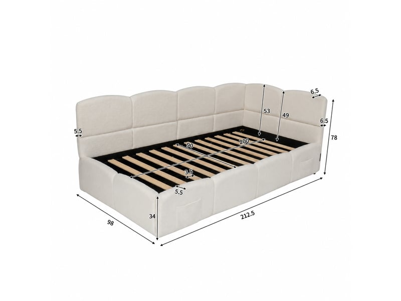  Lit coffre 90x200 cm avec sommier relevable hydraulique et usb, tissu bouclé beige  - Conforama C