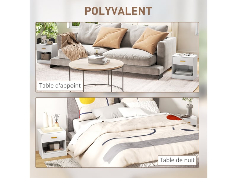  Lot de 2 tables de chevet, table de nuit avec 2 tiroirs et étagères ouvertes, style moderne, blanc, 39 x 28 x 41 cm  - Conforama R