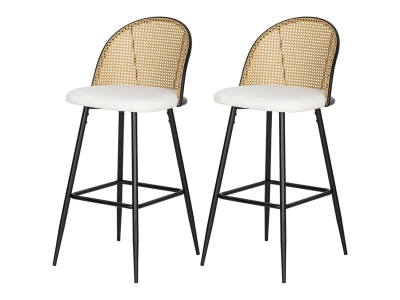  Ensemble de 2 tabourets de bar avec dossier en rotin, assise rembourrée en peau de mouton, structure en acier et repose-pieds, couleur crème  - Conforama B