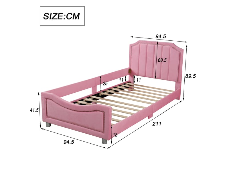  Lit enfant capitonné 90 x 200 cm, canapé-lit, cadre de lit, flanelle, lit moelleux multifonctionnel avec dossier et accoudoirs, lit parent-enfant, lit junior, lit d'appoint, rose  - Conforama C
