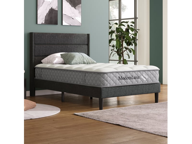  Modenvie lit rembourré 90x200 cm - tête de lit capitonnée, sommier et matelas inclus - gris foncé  - Conforama E