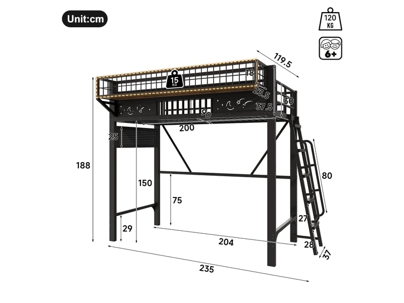  Lit mezzanine 90x200cm - lit simple en métal avec étagère suspendue et échelle réversible pour enfant et ado - noir  - Conforama E