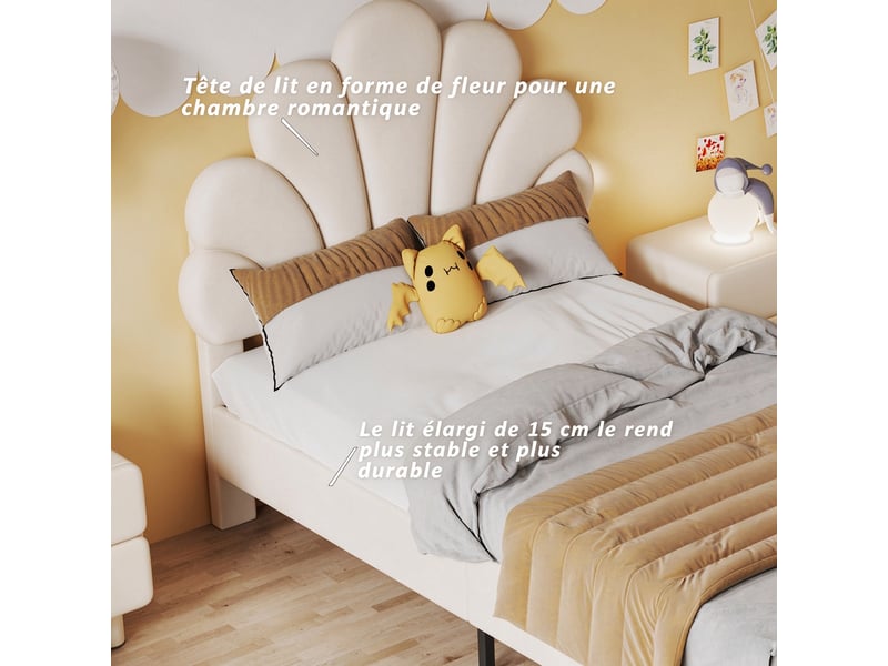  Lit enfant et lit simple 90x200 cm avec tête de lit fleur réglable et sommier à lattes, velours beige, sans matelas  - Conforama E