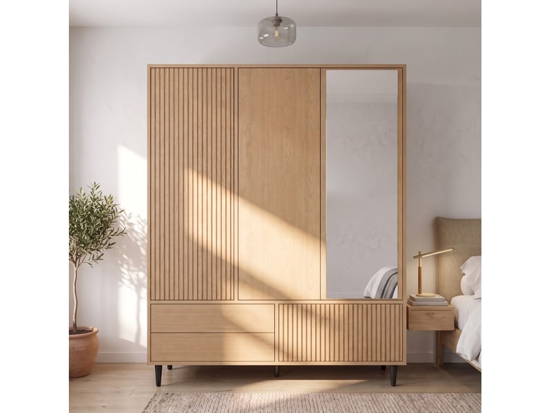  Armoire 135x45x200 cm avec 3 portes, 3 tiroirs et miroir, mdf et métal, bois clair, meuble chambre et dressing, déco  - Conforama B
