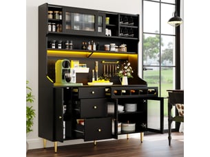 Armoires hautes 145×39×171 cm pour le salon, led, buffet cuisine avec étagères réglables, tiroir avec casier à bouteilles, noir