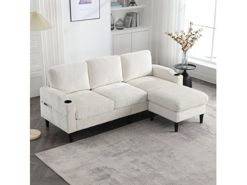  Canapé droit 4 places avec pouf coffre, porte-gobelets et poches latérales, en tissu beige, 196,5 × 75 × 77 cm  - Conforama B