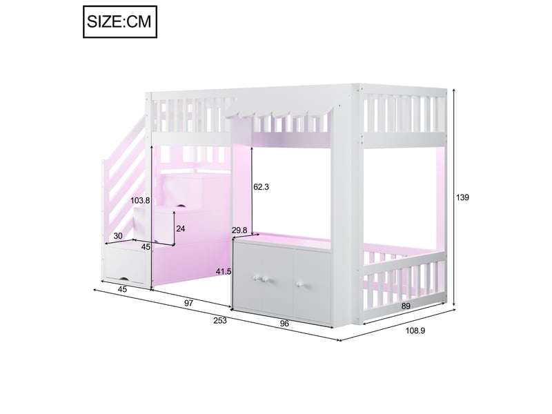  Lit mezzanine 90x200 cm avec escalier de rangement et éclairage led  - Conforama E