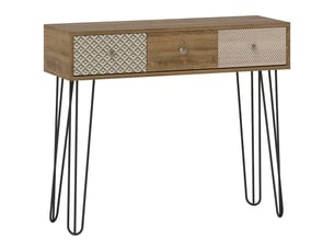 Table console avec 3 tiroirs, table d'entrée étroite avec pieds en épingle à cheveux en acier, marron, 90 x 30 x 75 cm