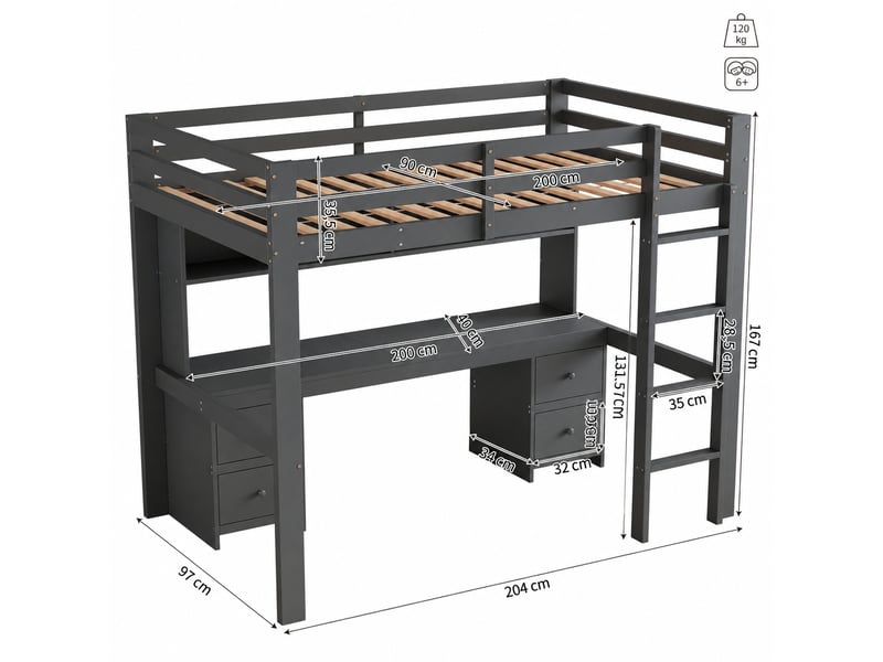  Lit mezzanine enfant 90 x 200 cm avec bureau intégré, 4 tiroirs et 4 niches, en pin massif et mdf, gris  - Conforama C