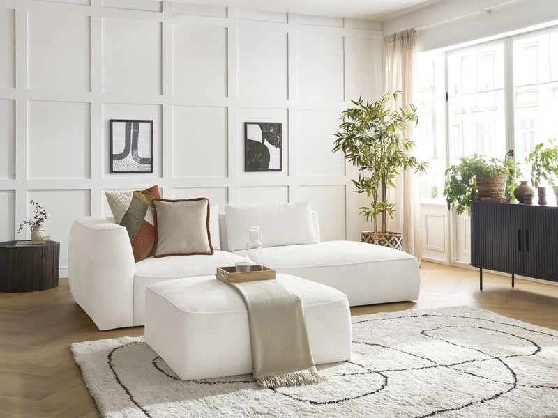  Bobochic canapé droit fixe 3 places leopold tissu texturé avec pouf blanc  accoudoir gauche LEOPOLD - Conforama B