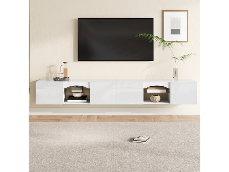  Meuble tv 4 portes, 2 niches led avec étagères en verre pour salon en panneaux de particules 200×30×28 cm blanc  - Conforama D