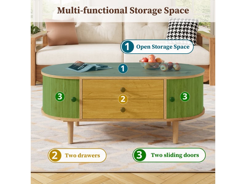  Table basse ovale moderne au design rétro, portes coulissantes rainurées avec 2 tiroirs, meuble de rangement en bois pour salon, chêne  - Conforama E