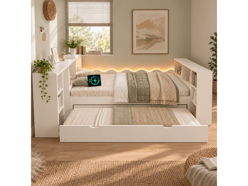  Lit gigogne 90 × 200 cm avec couchage 90 × 190 cm, bureau, prises et led Fay Lum - Conforama E