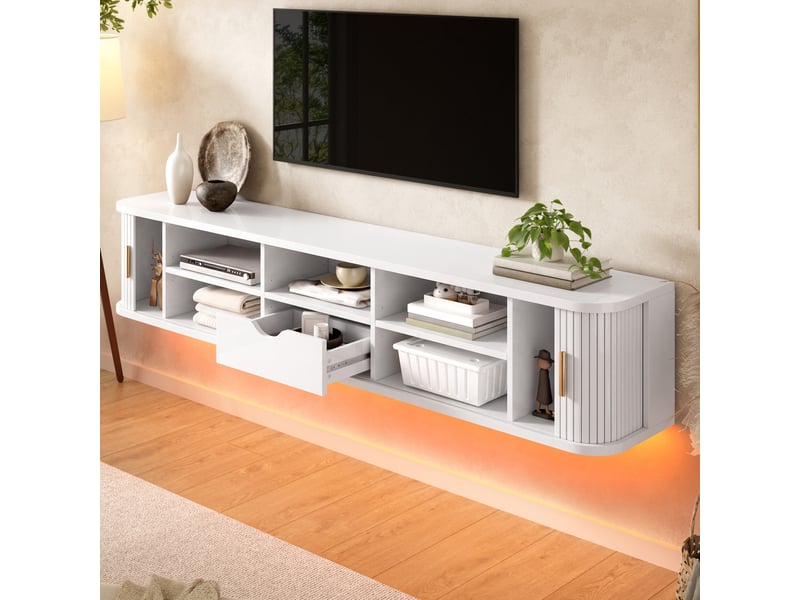  Meuble tv mural 175x30x30 cm, 2 portes coulissantes striées, tiroir, led réglable par application, mdf blanc  - Conforama B