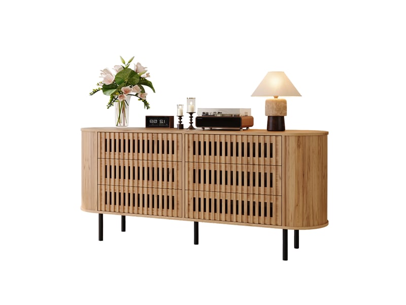  Buffet naturel 160 × 40 × 70 cm, en mdf et métal, avec 6 tiroirs et pieds en métal et façades texturées  - Conforama A