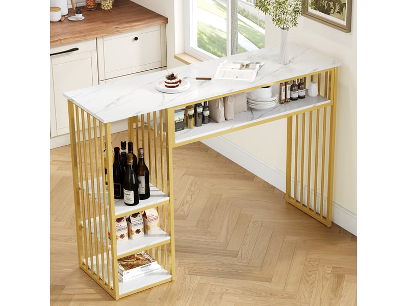 Table de bar 140x40x105 cm en mdf effet marbre blanc et doré avec rangements - Conforama B