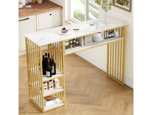 Table de bar 140x40x105 cm en mdf effet marbre blanc et doré avec rangements