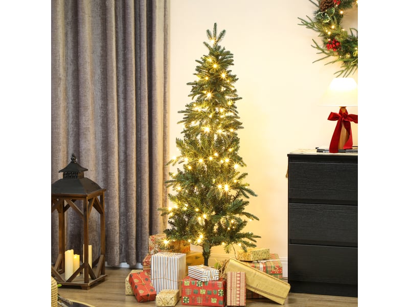  Sapin de noël artificiel 150 cm, arbre de noël slim avec 150 lumières 8 modes d'éclairage 431 branches articulées, vert  - Conforama B