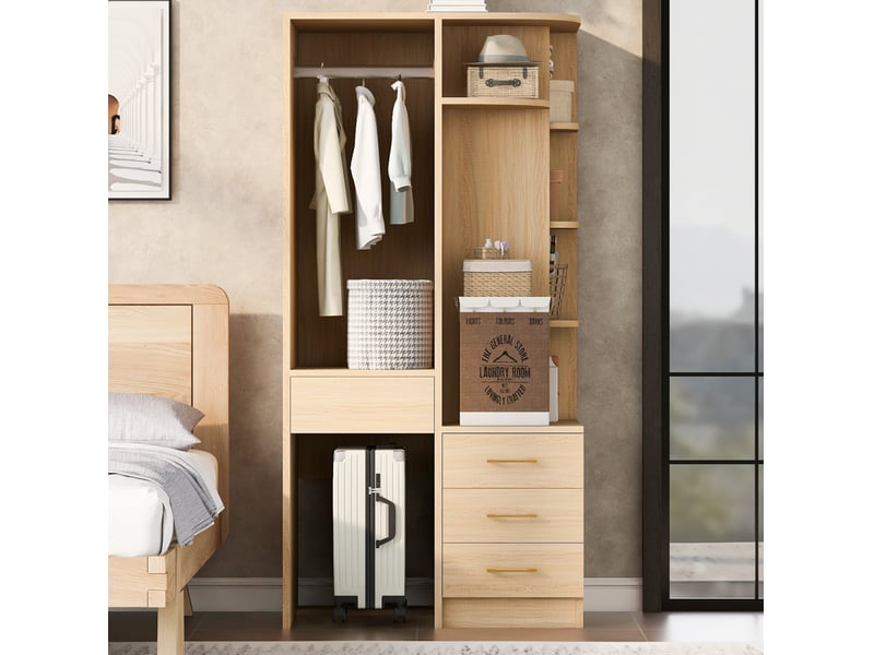 Armoire avec penderie ouverte, étagères et 3 tiroirs, 70x55x175 cm, blanc et coloris bois - Conforama B