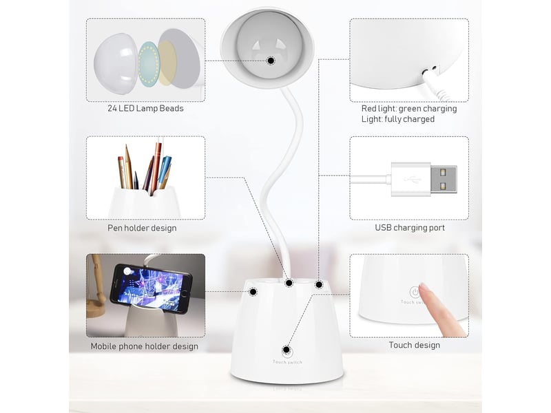  Lampe de bureau  variable pour les yeux 3 niveaux de luminosité rechargeable par usb blanche  - Conforama B