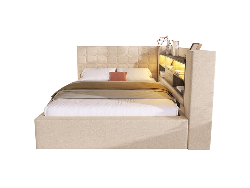  Lit coffre 140x200 cm avec led et usb, tissu beige  - Conforama R
