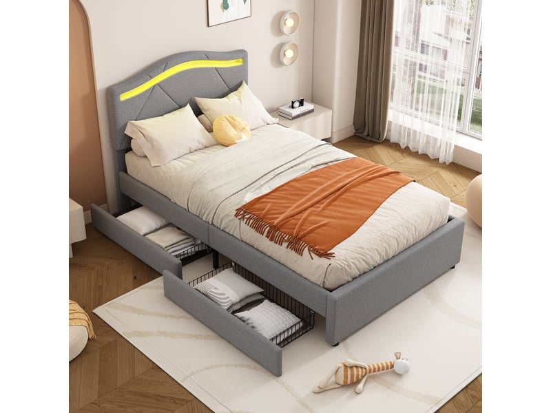  Lit capitonné 90x200cm, gris, sans matelas, led, deux tiroirs, tête réglable, lin et mdf, style minimaliste  - Conforama E
