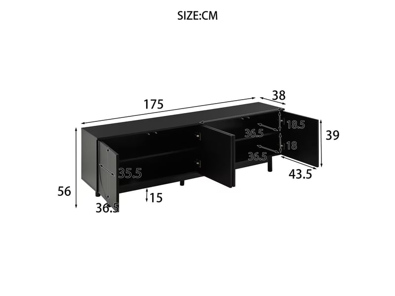  Meuble tv noir 175 x 38 x 56 cm, tablettes réglables, portes push-to-open, style luxe, noir  - Conforama C
