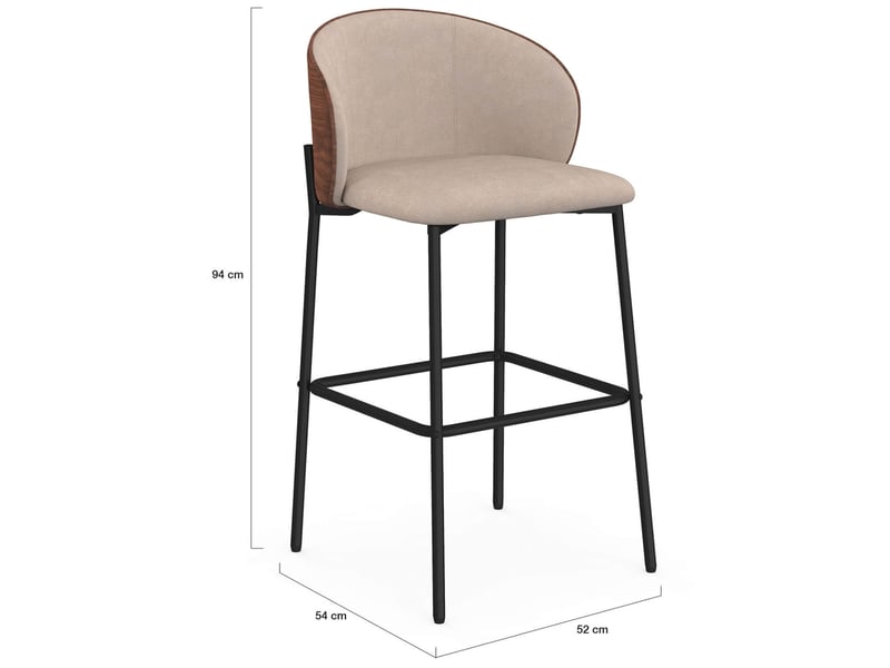  Lot de 4 tabourets de bar penny en tissu taupe, dossier effet noyer et pieds en métal noir  - Conforama E
