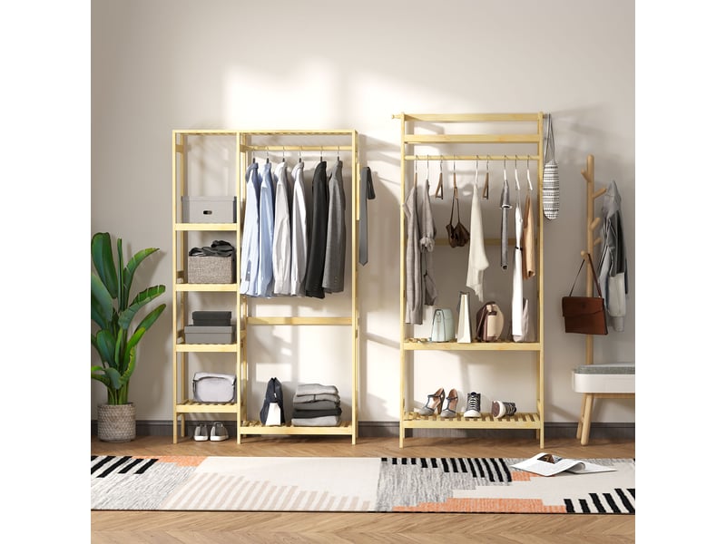  Portant à vêtements bambou penderie porte-manteaux dim. 90l x 30p x 155h cm - avec étagères, tringle et 2 patères  - Conforama B
