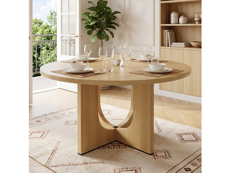  Table de salle à manger ronde 120 cm en mdf, 4 à 6 personnes, chêne clair  - Conforama D