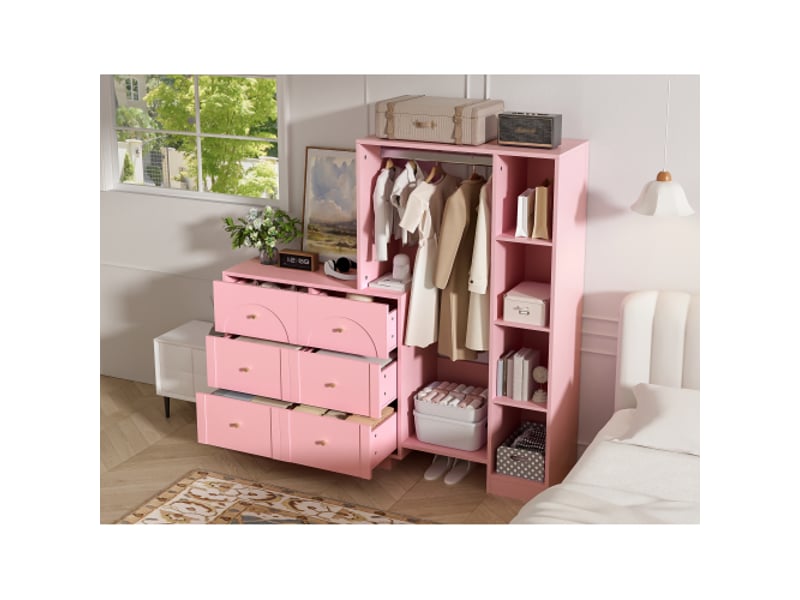  Armoire ouverte rose moderne – tringle, 6 tiroirs et étagères latérales, 139×35×133 cm  - Conforama D