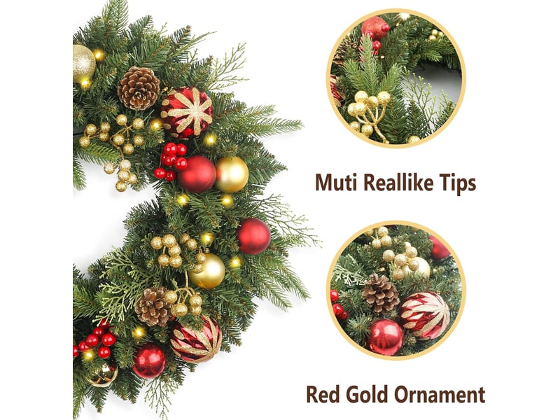  Couronne de noël pré-éclairée 50cm pour porte d'entrée – led blanc chaud, boules, aiguilles de pin et baies rouges  - Conforama C