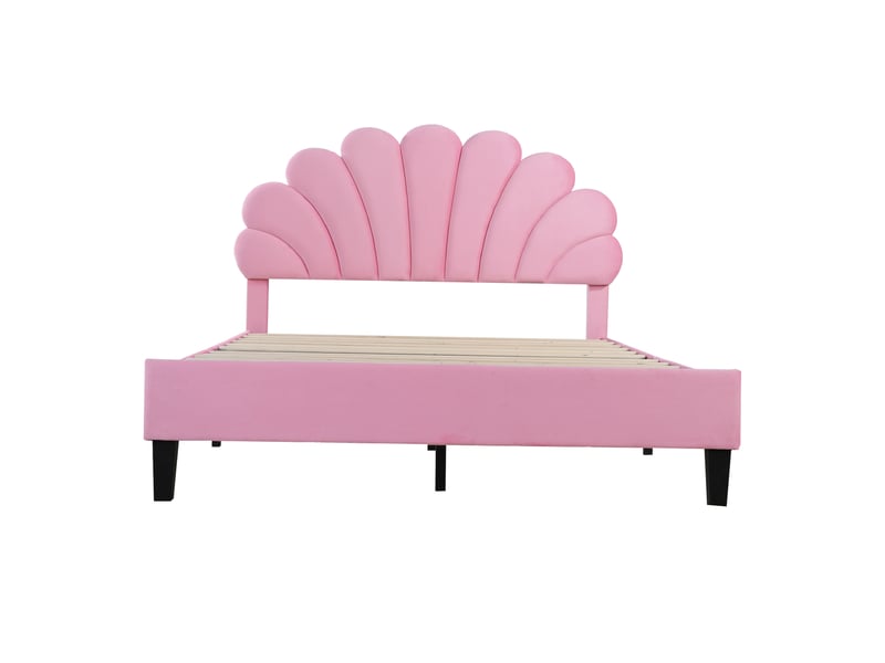  Lit double 140x200 cm en velours rose, tête de lit fleur rembourrée et sommier à lattes  - Conforama A