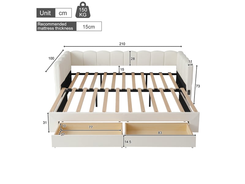 Lit banquette extensible 90x190 à 180x190 cm, canapé-lit avec 2 tiroirs de rangement, usbusb-c, lin beige - Conforama C