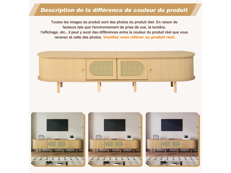  Meuble tv en bois 180cm - 2 portes rotin, 2 portes à rideau - style rustique - bois clair  - Conforama E