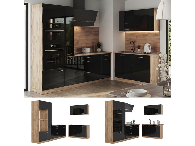  Vicco cuisine en angle, noir haute brillancechêne doré, 230 x 120 cm plan de travail chêne doré  - Conforama D