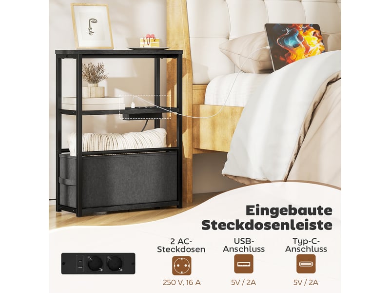  Bout de canapé avec multiprise intégrée tiroir tissu mdf et acier noir 45x18x60,2 cm  - Conforama D
