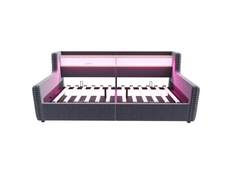  Canapé-lit 90x200 gris foncé, rangement hydraulique, led, prise, usb, dossier épais  - Conforama A